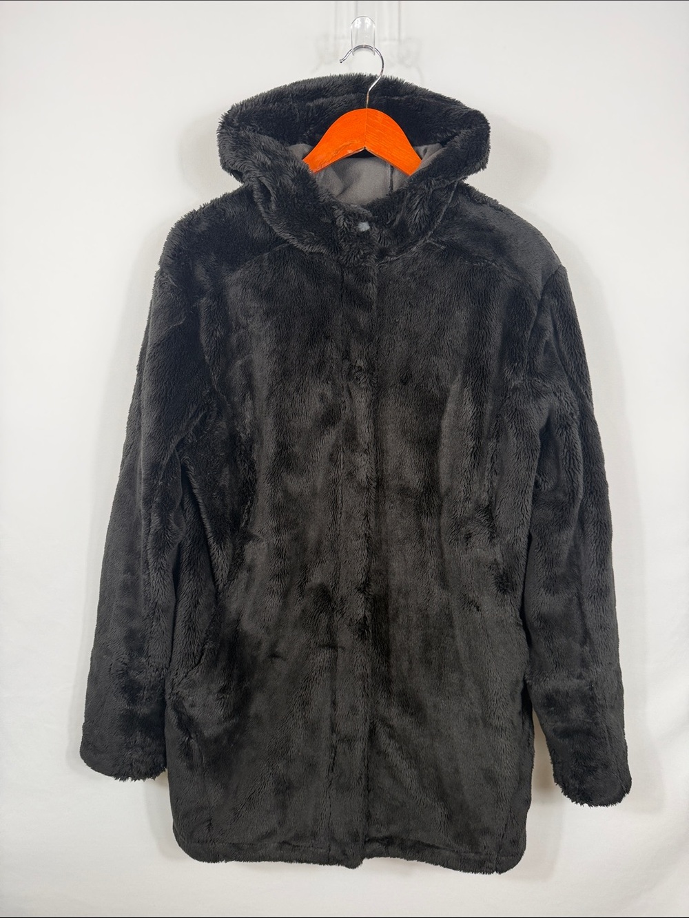 Mountain Hardwear Black Faux Fur Hooded Long Full Zip Teddy Coat. Womens Size XL